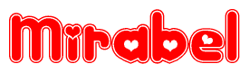 The image is a clipart featuring the word Mirabel written in a stylized font with a heart shape replacing inserted into the center of each letter. The color scheme of the text and hearts is red with a light outline.