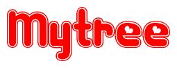 The image is a red and white graphic with the word Mytree written in a decorative script. Each letter in  is contained within its own outlined bubble-like shape. Inside each letter, there is a white heart symbol.