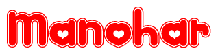 The image is a red and white graphic with the word Manohar written in a decorative script. Each letter in  is contained within its own outlined bubble-like shape. Inside each letter, there is a white heart symbol.