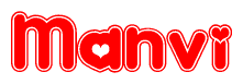 The image is a clipart featuring the word Manvi written in a stylized font with a heart shape replacing inserted into the center of each letter. The color scheme of the text and hearts is red with a light outline.