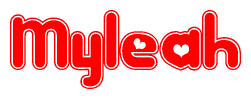 The image is a red and white graphic with the word Myleah written in a decorative script. Each letter in  is contained within its own outlined bubble-like shape. Inside each letter, there is a white heart symbol.