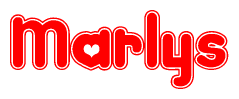 The image is a red and white graphic with the word Marlys written in a decorative script. Each letter in  is contained within its own outlined bubble-like shape. Inside each letter, there is a white heart symbol.