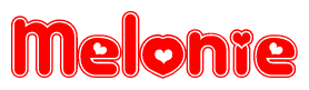 The image is a clipart featuring the word Melonie written in a stylized font with a heart shape replacing inserted into the center of each letter. The color scheme of the text and hearts is red with a light outline.