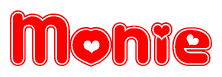 The image is a clipart featuring the word Monie written in a stylized font with a heart shape replacing inserted into the center of each letter. The color scheme of the text and hearts is red with a light outline.
