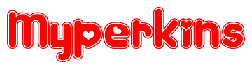 The image displays the word Myperkins written in a stylized red font with hearts inside the letters.