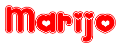 The image is a red and white graphic with the word Marijo written in a decorative script. Each letter in  is contained within its own outlined bubble-like shape. Inside each letter, there is a white heart symbol.