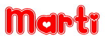 The image is a red and white graphic with the word Marti written in a decorative script. Each letter in  is contained within its own outlined bubble-like shape. Inside each letter, there is a white heart symbol.