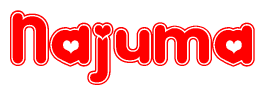 The image displays the word Najuma written in a stylized red font with hearts inside the letters.