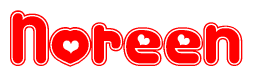 The image is a red and white graphic with the word Noreen written in a decorative script. Each letter in  is contained within its own outlined bubble-like shape. Inside each letter, there is a white heart symbol.