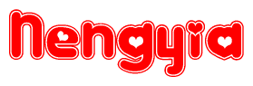 The image is a red and white graphic with the word Nengyia written in a decorative script. Each letter in  is contained within its own outlined bubble-like shape. Inside each letter, there is a white heart symbol.