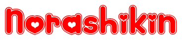 The image is a red and white graphic with the word Norashikin written in a decorative script. Each letter in  is contained within its own outlined bubble-like shape. Inside each letter, there is a white heart symbol.