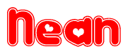 The image is a red and white graphic with the word Nean written in a decorative script. Each letter in  is contained within its own outlined bubble-like shape. Inside each letter, there is a white heart symbol.