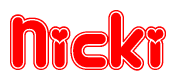 The image is a red and white graphic with the word Nicki written in a decorative script. Each letter in  is contained within its own outlined bubble-like shape. Inside each letter, there is a white heart symbol.