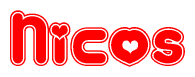 The image is a clipart featuring the word Nicos written in a stylized font with a heart shape replacing inserted into the center of each letter. The color scheme of the text and hearts is red with a light outline.