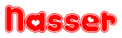 The image is a clipart featuring the word Nasser written in a stylized font with a heart shape replacing inserted into the center of each letter. The color scheme of the text and hearts is red with a light outline.
