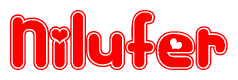 The image is a red and white graphic with the word Nilufer written in a decorative script. Each letter in  is contained within its own outlined bubble-like shape. Inside each letter, there is a white heart symbol.