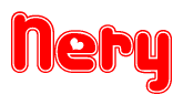 The image is a red and white graphic with the word Nery written in a decorative script. Each letter in  is contained within its own outlined bubble-like shape. Inside each letter, there is a white heart symbol.