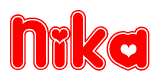 The image is a clipart featuring the word Nika written in a stylized font with a heart shape replacing inserted into the center of each letter. The color scheme of the text and hearts is red with a light outline.