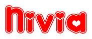 The image is a red and white graphic with the word Nivia written in a decorative script. Each letter in  is contained within its own outlined bubble-like shape. Inside each letter, there is a white heart symbol.