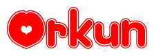 The image is a clipart featuring the word Orkun written in a stylized font with a heart shape replacing inserted into the center of each letter. The color scheme of the text and hearts is red with a light outline.
