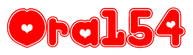 The image is a red and white graphic with the word Ora154 written in a decorative script. Each letter in  is contained within its own outlined bubble-like shape. Inside each letter, there is a white heart symbol.