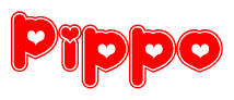 The image is a red and white graphic with the word Pippo written in a decorative script. Each letter in  is contained within its own outlined bubble-like shape. Inside each letter, there is a white heart symbol.