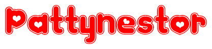 The image is a red and white graphic with the word Pattynestor written in a decorative script. Each letter in  is contained within its own outlined bubble-like shape. Inside each letter, there is a white heart symbol.