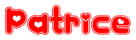 The image is a red and white graphic with the word Patrice written in a decorative script. Each letter in  is contained within its own outlined bubble-like shape. Inside each letter, there is a white heart symbol.