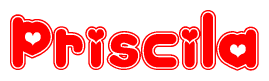 The image is a clipart featuring the word Priscila written in a stylized font with a heart shape replacing inserted into the center of each letter. The color scheme of the text and hearts is red with a light outline.