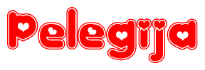 The image is a red and white graphic with the word Pelegija written in a decorative script. Each letter in  is contained within its own outlined bubble-like shape. Inside each letter, there is a white heart symbol.