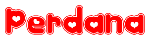 The image is a clipart featuring the word Perdana written in a stylized font with a heart shape replacing inserted into the center of each letter. The color scheme of the text and hearts is red with a light outline.