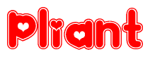 The image is a clipart featuring the word Pliant written in a stylized font with a heart shape replacing inserted into the center of each letter. The color scheme of the text and hearts is red with a light outline.