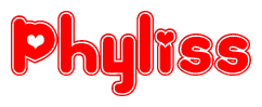 The image is a clipart featuring the word Phyliss written in a stylized font with a heart shape replacing inserted into the center of each letter. The color scheme of the text and hearts is red with a light outline.