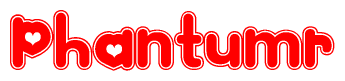 The image is a red and white graphic with the word Phantumr written in a decorative script. Each letter in  is contained within its own outlined bubble-like shape. Inside each letter, there is a white heart symbol.