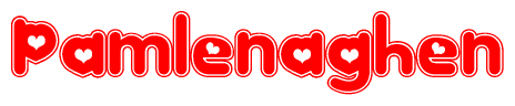 The image is a clipart featuring the word Pamlenaghen written in a stylized font with a heart shape replacing inserted into the center of each letter. The color scheme of the text and hearts is red with a light outline.