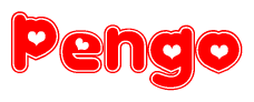   The image is a red and white graphic with the word Pengo written in a decorative script. Each letter in  is contained within its own outlined bubble-like shape. Inside each letter, there is a white heart symbol. 