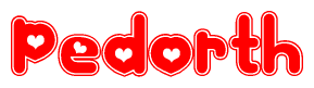 The image is a red and white graphic with the word Pedorth written in a decorative script. Each letter in  is contained within its own outlined bubble-like shape. Inside each letter, there is a white heart symbol.