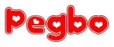 The image displays the word Pegbo written in a stylized red font with hearts inside the letters.
