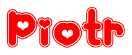 The image displays the word Piotr written in a stylized red font with hearts inside the letters.