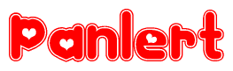 The image is a red and white graphic with the word Panlert written in a decorative script. Each letter in  is contained within its own outlined bubble-like shape. Inside each letter, there is a white heart symbol.