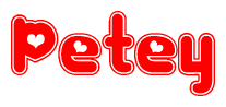 The image displays the word Petey written in a stylized red font with hearts inside the letters.