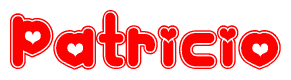 The image is a clipart featuring the word Patricio written in a stylized font with a heart shape replacing inserted into the center of each letter. The color scheme of the text and hearts is red with a light outline.