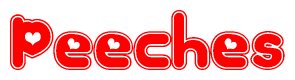 The image is a red and white graphic with the word Peeches written in a decorative script. Each letter in  is contained within its own outlined bubble-like shape. Inside each letter, there is a white heart symbol.