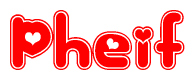 The image is a red and white graphic with the word Pheif written in a decorative script. Each letter in  is contained within its own outlined bubble-like shape. Inside each letter, there is a white heart symbol.