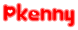 The image is a red and white graphic with the word Pkenny written in a decorative script. Each letter in  is contained within its own outlined bubble-like shape. Inside each letter, there is a white heart symbol.