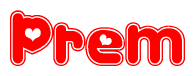 The image is a clipart featuring the word Prem written in a stylized font with a heart shape replacing inserted into the center of each letter. The color scheme of the text and hearts is red with a light outline.