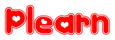 The image is a clipart featuring the word Plearn written in a stylized font with a heart shape replacing inserted into the center of each letter. The color scheme of the text and hearts is red with a light outline.