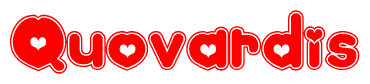 The image is a red and white graphic with the word Quovardis written in a decorative script. Each letter in  is contained within its own outlined bubble-like shape. Inside each letter, there is a white heart symbol.