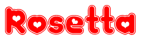 The image is a clipart featuring the word Rosetta written in a stylized font with a heart shape replacing inserted into the center of each letter. The color scheme of the text and hearts is red with a light outline.