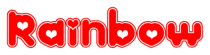 The image is a clipart featuring the word Rainbow written in a stylized font with a heart shape replacing inserted into the center of each letter. The color scheme of the text and hearts is red with a light outline.